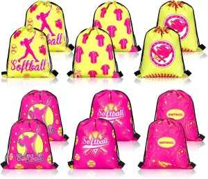 RUMIA 12 Pcs Softball Drawstring Bags Softball Party Favors Sport Gift Goody Treat Candy Wrapping Bags Softball Birthday Party Decorations Supplies Sports Gym Bags for Men Women