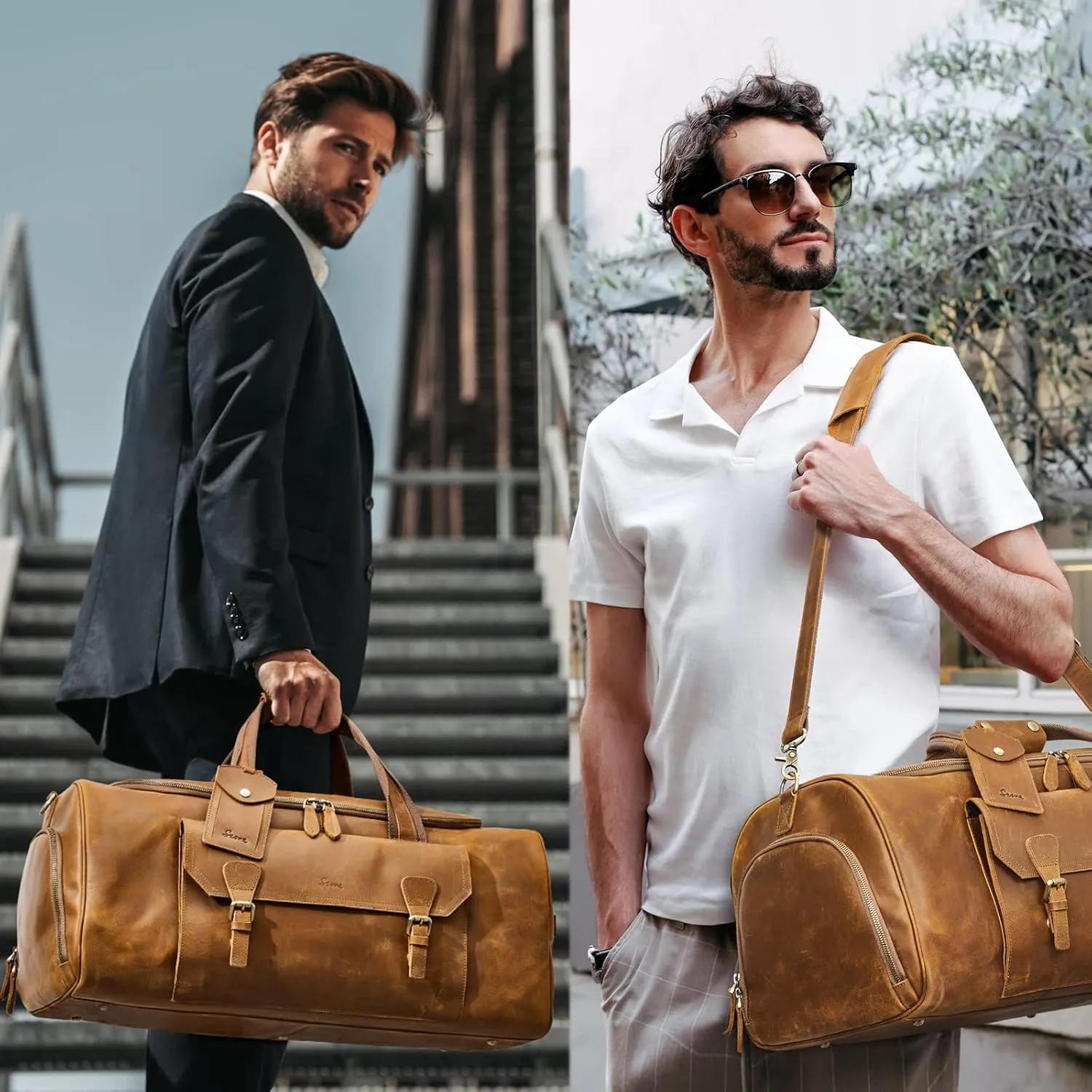 S-ZONE Genuine Leather Travel Duffle Bags for Men Women Carry On Garment Weekender Bags(Light Brown)