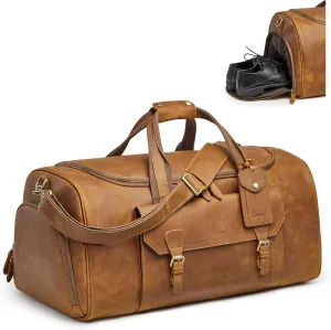 S-ZONE Genuine Leather Travel Duffle Bags for Men Women Carry On Garment Weekender Bags(Light Brown)