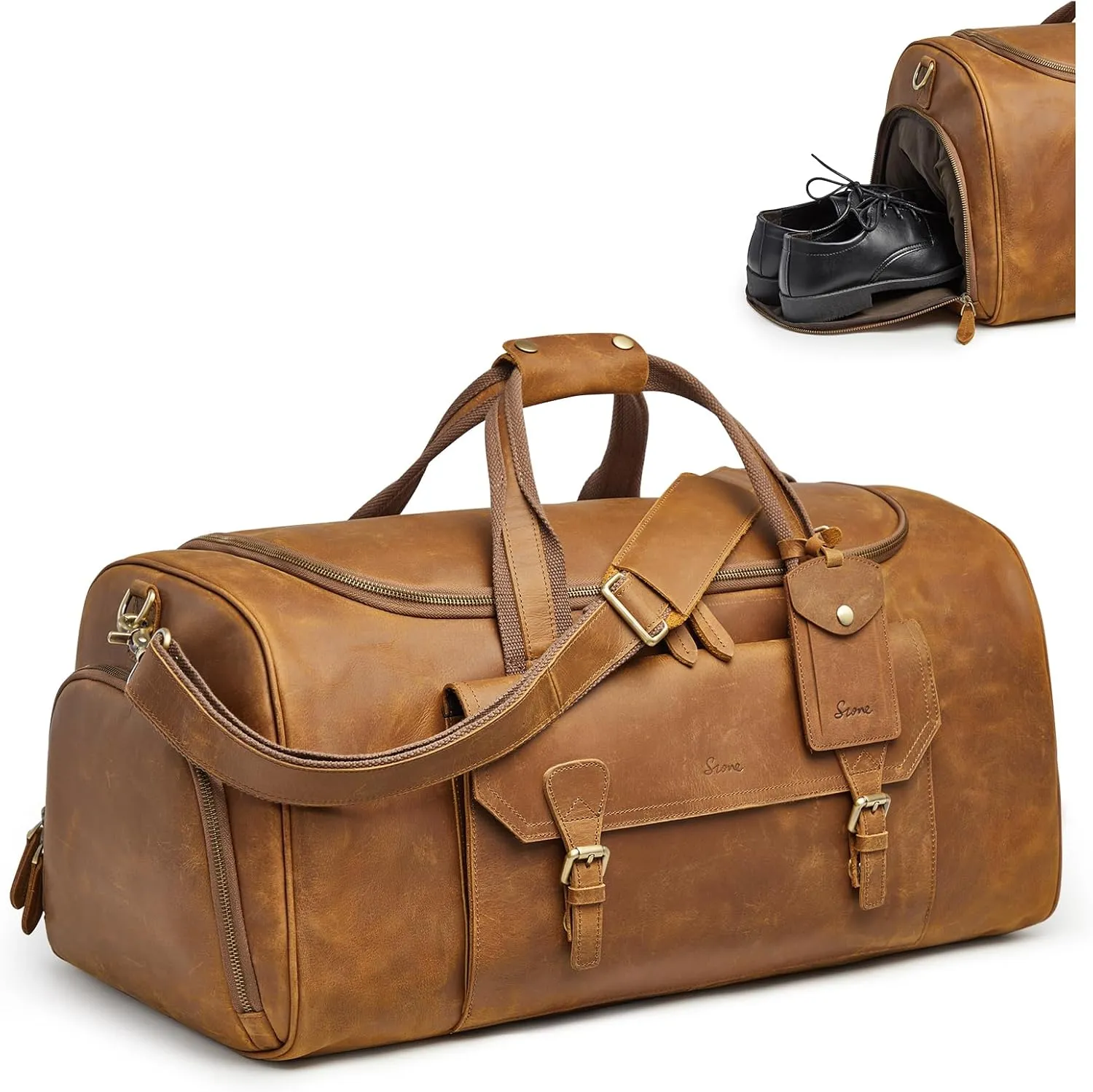 S-ZONE Genuine Leather Travel Duffle Bags for Men Women Carry On Garment Weekender Bags(Light Brown)
