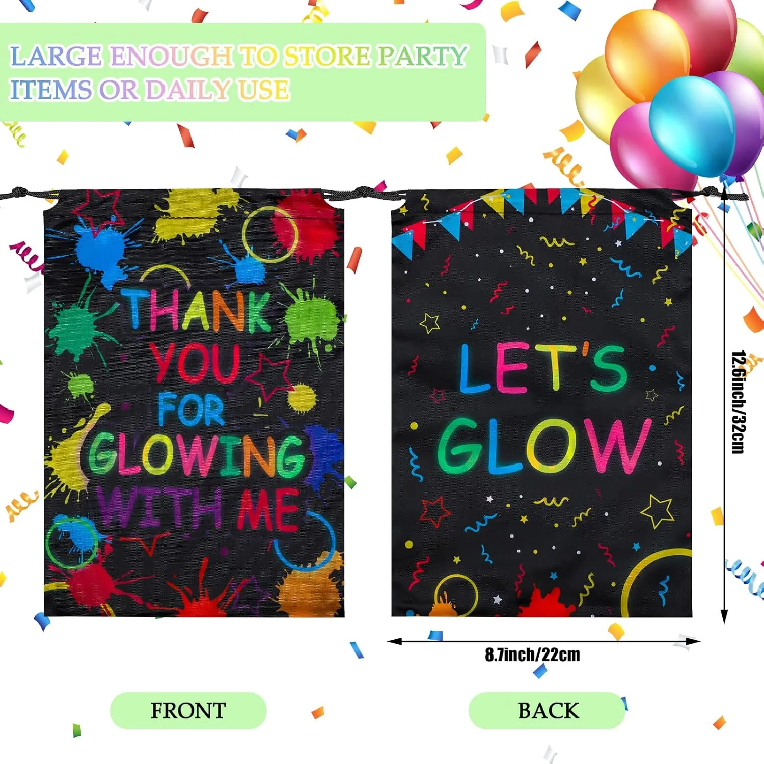 Sadnyy Let's Glow Drawstring Bags Glow Party Supplies Favor Gift Bags Neon Pouch for Retro 80s 90s Theme Party Decorations(72 Pieces)