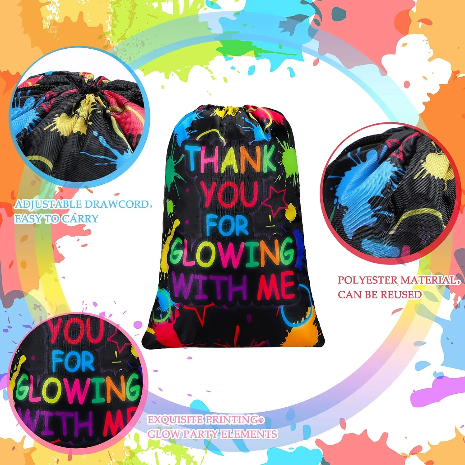Sadnyy Let's Glow Drawstring Bags Glow Party Supplies Favor Gift Bags Neon Pouch for Retro 80s 90s Theme Party Decorations(72 Pieces)