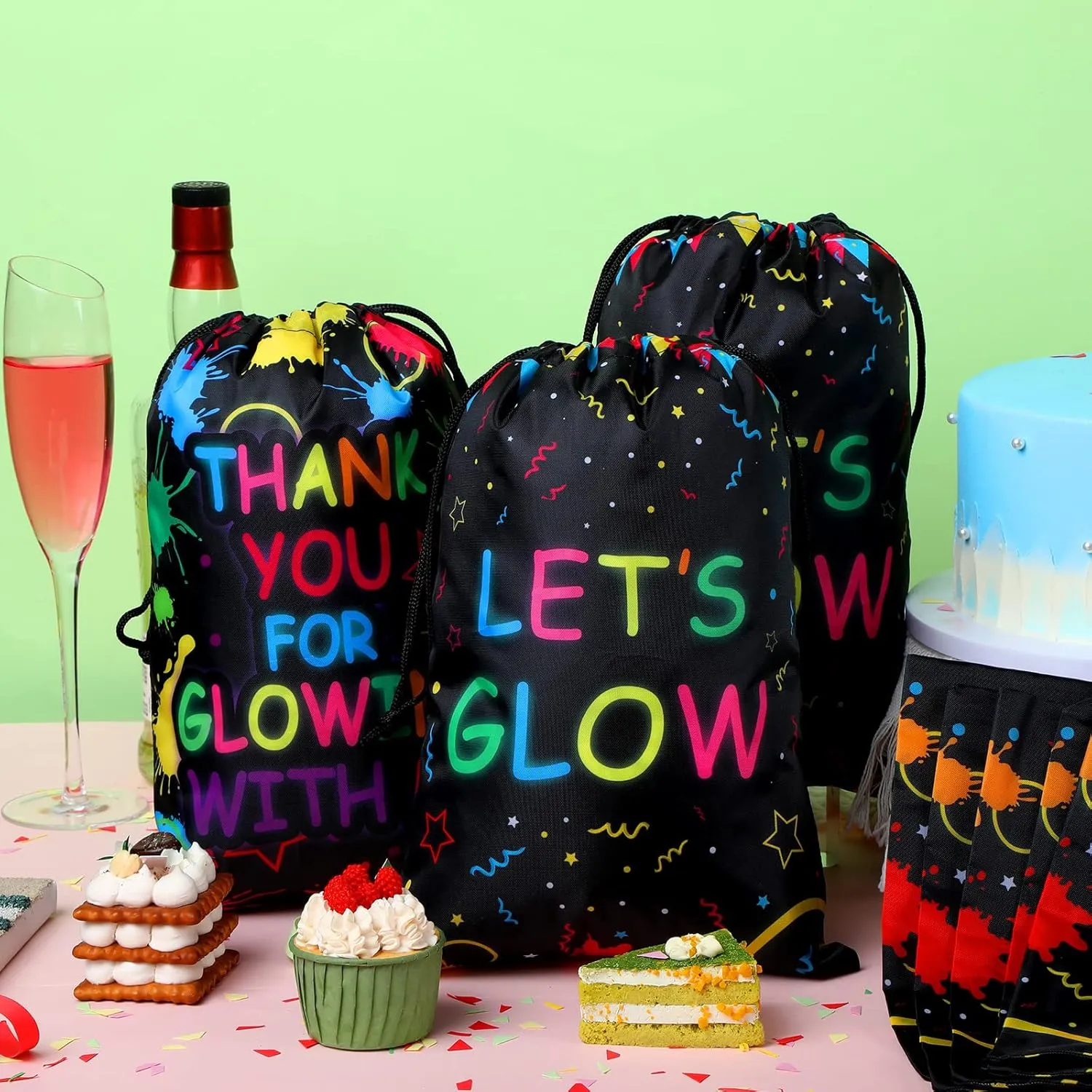 Sadnyy Let's Glow Drawstring Bags Glow Party Supplies Favor Gift Bags Neon Pouch for Retro 80s 90s Theme Party Decorations(72 Pieces)