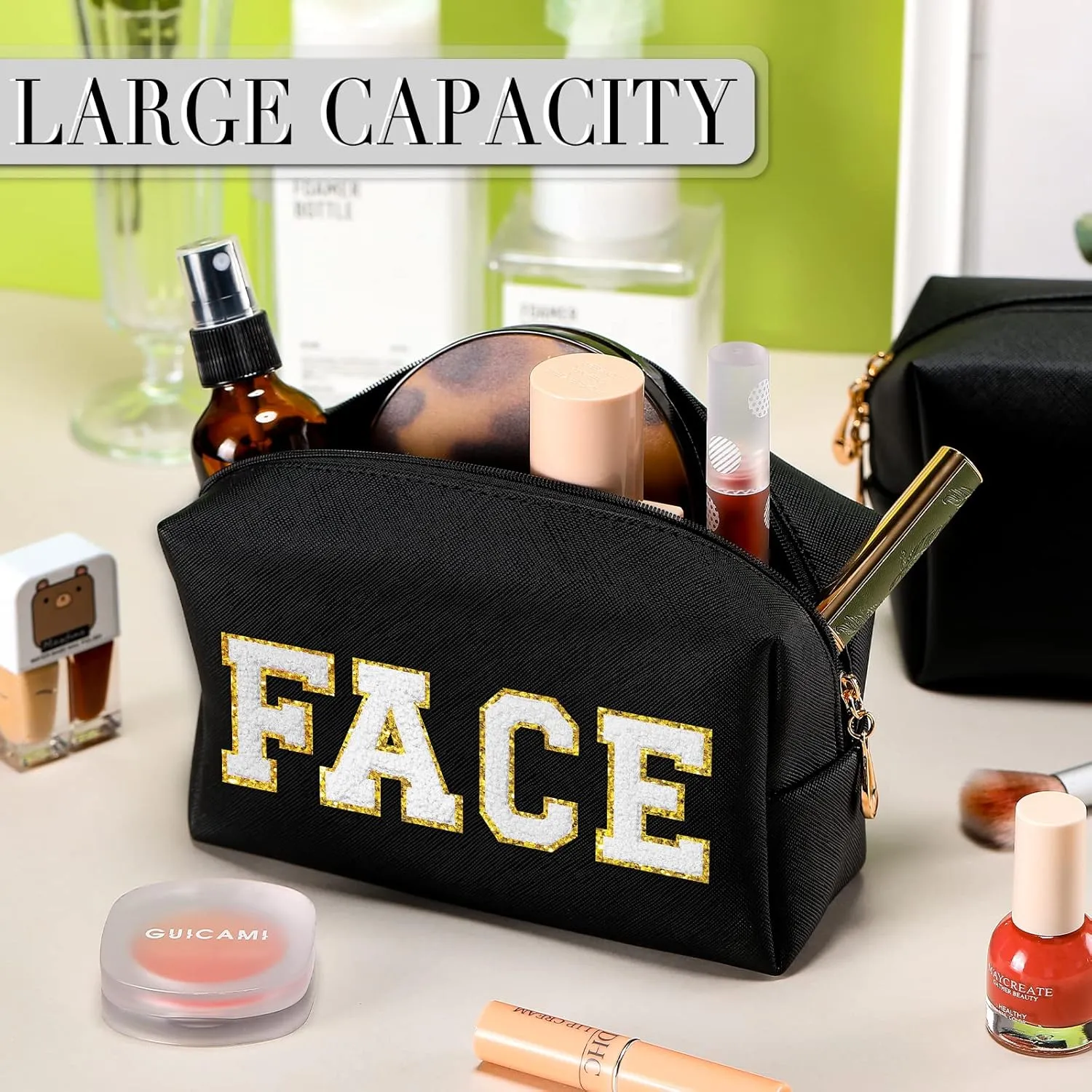 Sanwuta 9 Pcs Makeup Bags PU Double Zippers Cosmetic Bag Makeup Toiletry Pouch Bulk Portable Travel Organizers Case for Women Bachelorette Party End of the Year Graduation Gift(Black)