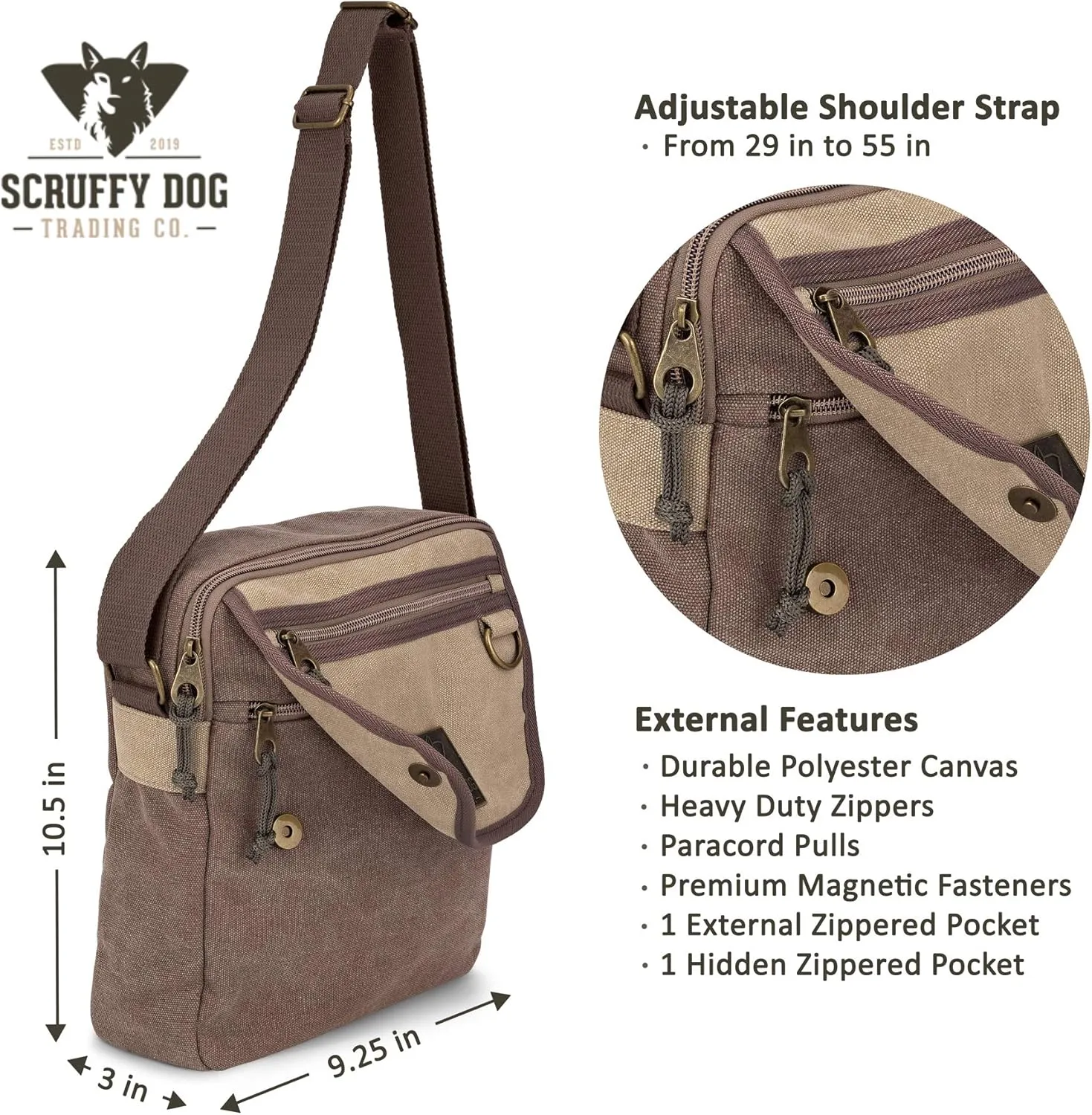 SCRUFFY DOG Crossbody Messenger Bag for Men and Women - Canvas Shoulder Bags with Adjustable Strap - Small - 11 inch