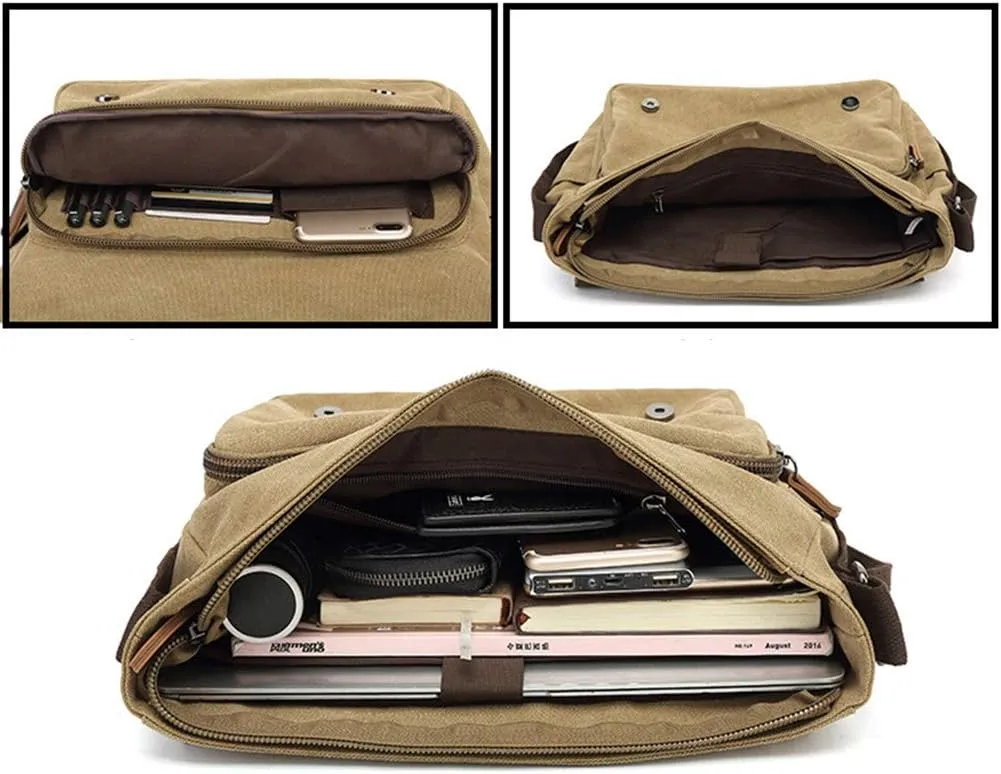 Sechunk Canvas Vintage Messenger Bag Shoulder bag Leather Large Travel Crossbody bags for men women 15inch Laptop