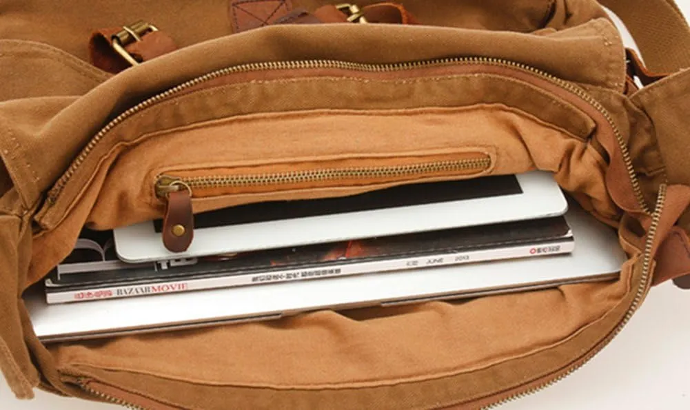 Sechunk Vintage Military Leather Canvas Laptop Bag Messenger Bags Medium