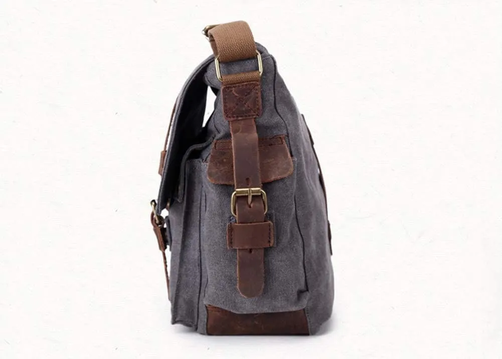 Sechunk Vintage Military Leather Canvas Laptop Bag Messenger Bags Medium