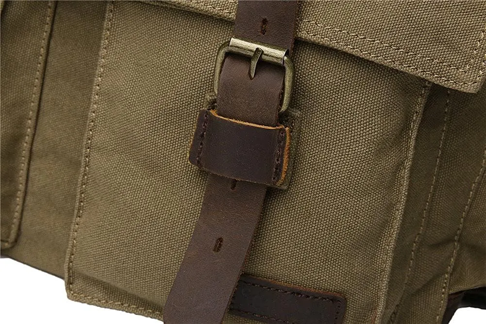 Sechunk Vintage Military Leather Canvas Laptop Bag Messenger Bags Medium