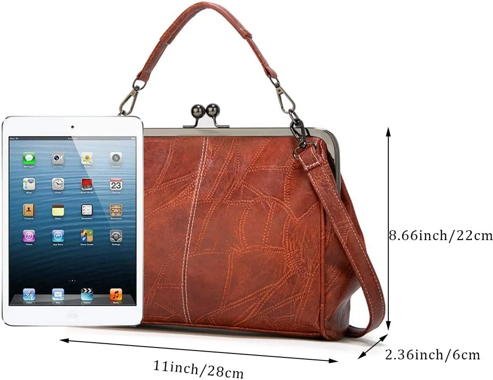 Segater® Women Retro Hollow Oil Wax PU Leather Handbag Kiss Lock Crossbody Purse Vintage Messenger Bag Tote