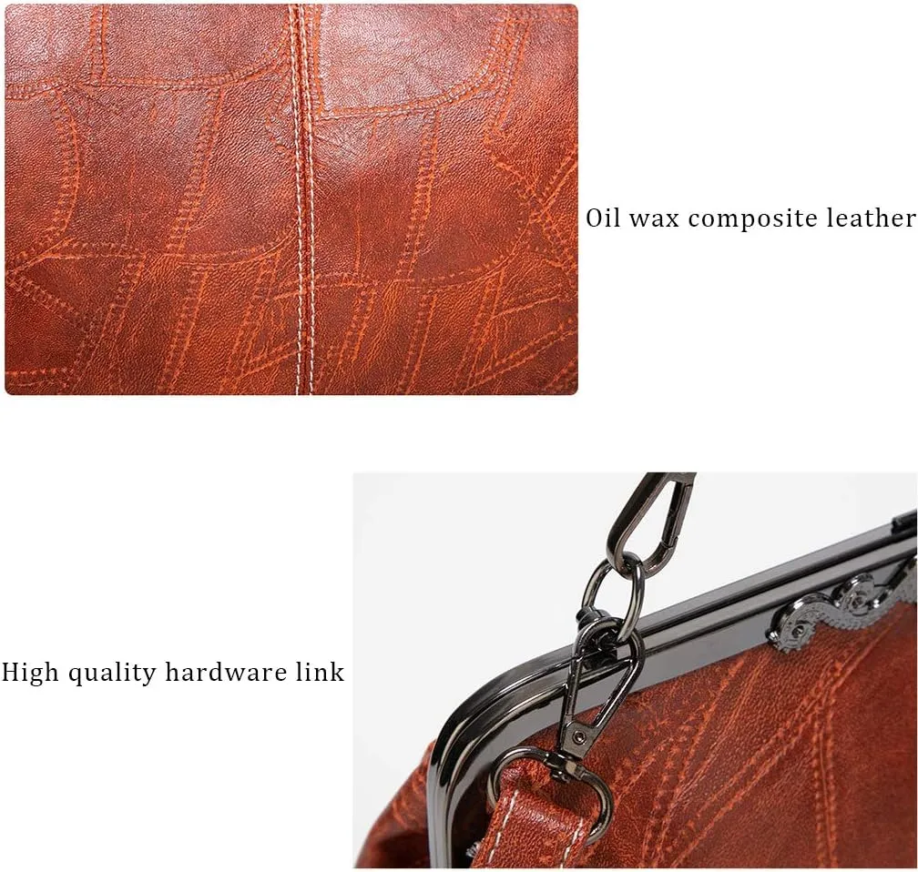 Segater® Women Retro Hollow Oil Wax PU Leather Handbag Kiss Lock Crossbody Purse Vintage Messenger Bag Tote