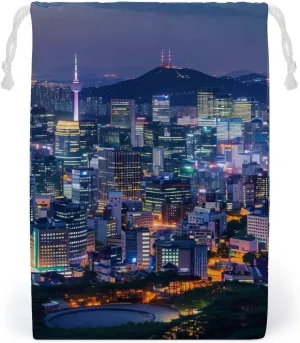 SEOUL SOUTH KOREA SKYLINE GLOSSY Night View Drawstring Bag Portable Storage Bags Small Pouch for Sports Travel 12 * 18cm