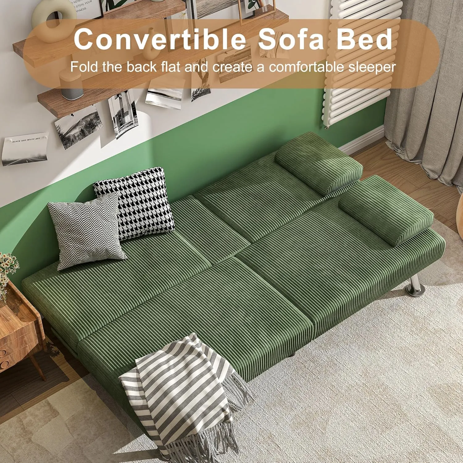 Shahoo Modern Upholstered Convertible Folding Futon Sofa Bed with Removable Armrests, Metal Legs, 2 Cup Holders for Living Room, Green