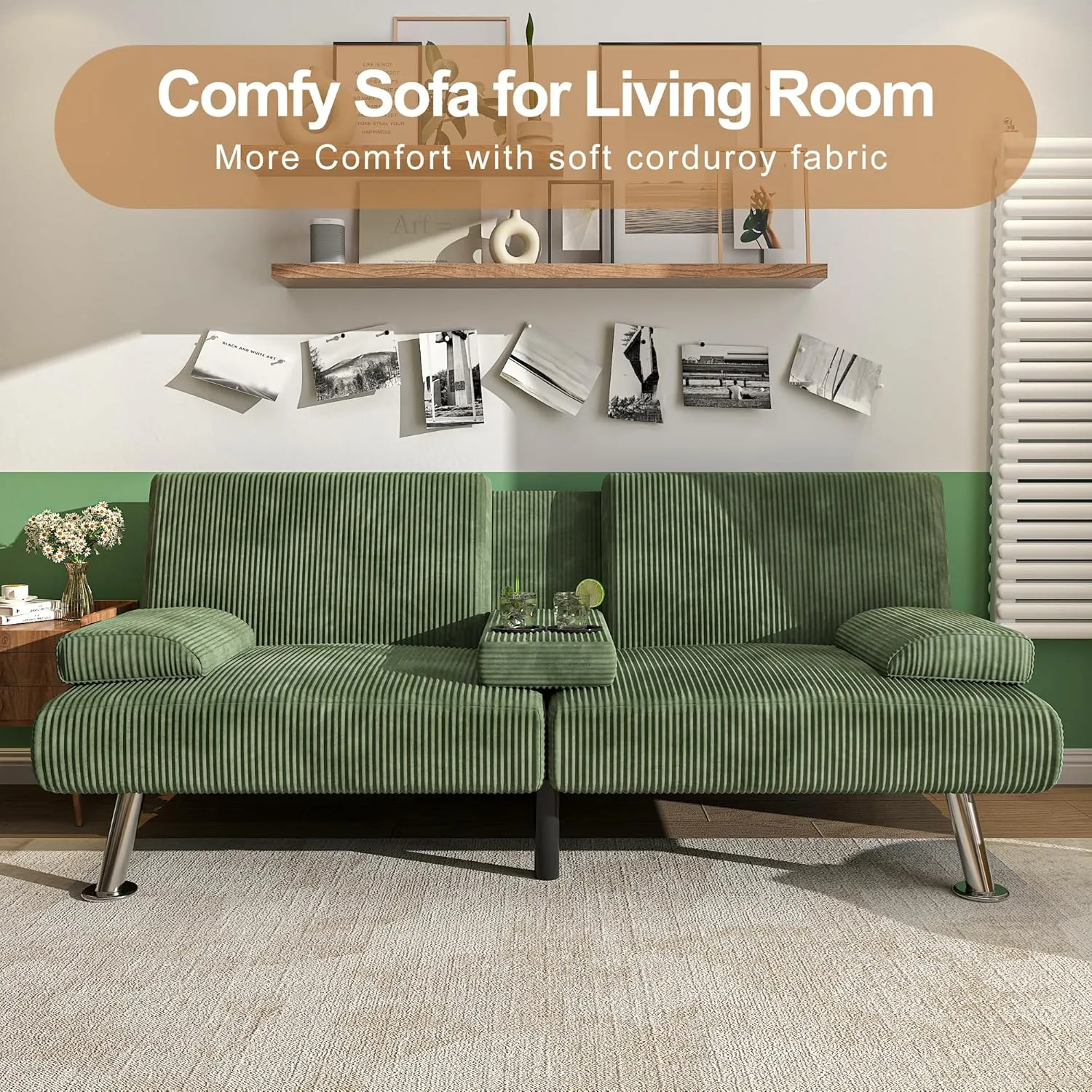 Shahoo Modern Upholstered Convertible Folding Futon Sofa Bed with Removable Armrests, Metal Legs, 2 Cup Holders for Living Room, Green