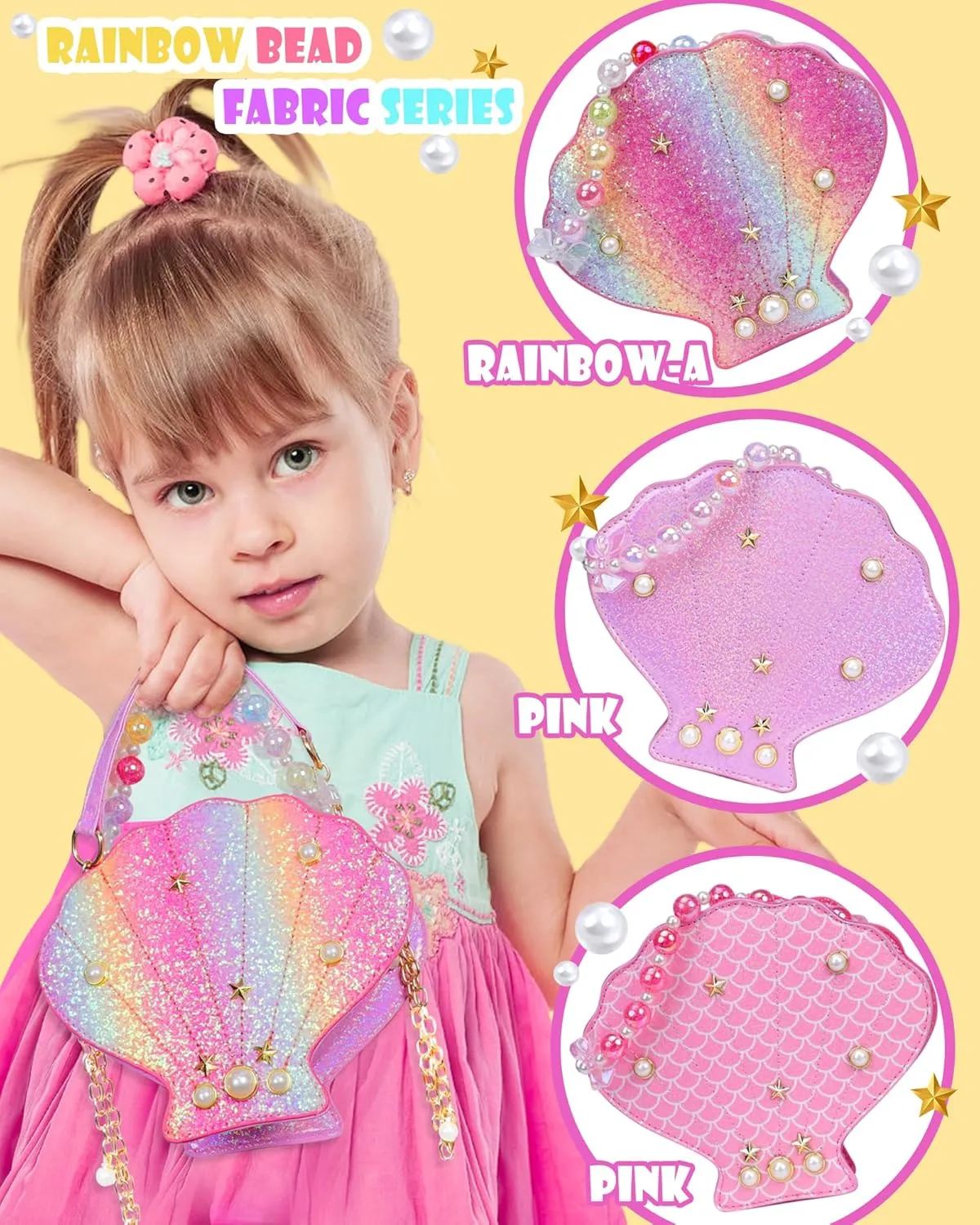 Shells Little Girl Crossbody Purse for Toddler,Shoulder Handbag,Pearl Princess Clutch Bag,Gifts for Birthday Xmas.