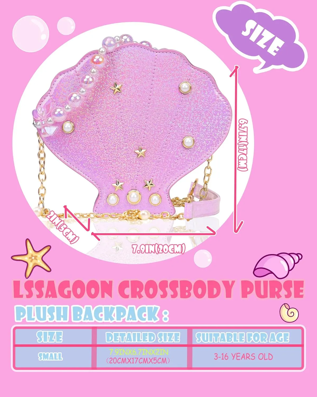 Shells Little Girl Crossbody Purse for Toddler,Shoulder Handbag,Pearl Princess Clutch Bag,Gifts for Birthday Xmas.
