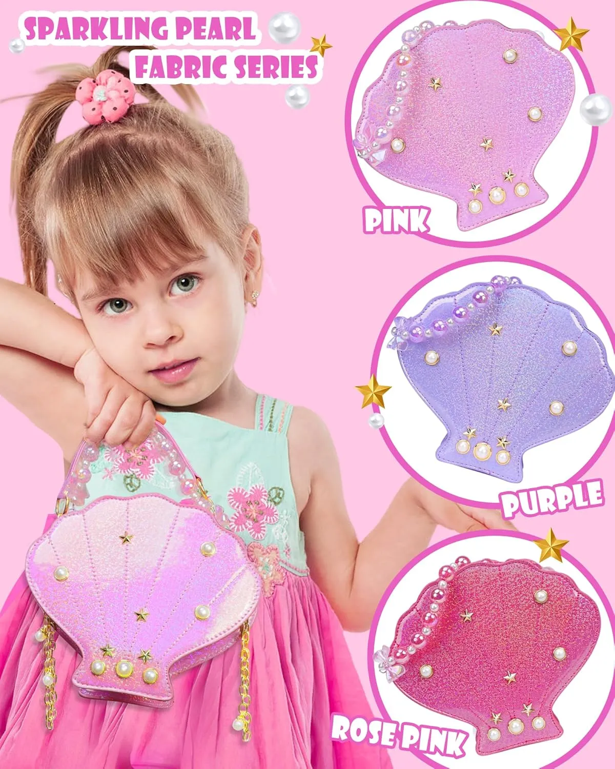 Shells Little Girl Crossbody Purse for Toddler,Shoulder Handbag,Pearl Princess Clutch Bag,Gifts for Birthday Xmas.