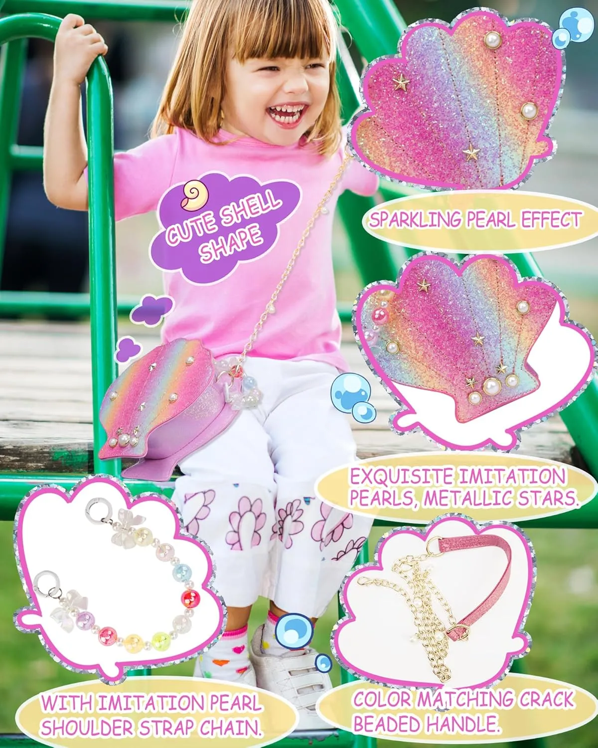Shells Little Girl Crossbody Purse for Toddler,Shoulder Handbag,Pearl Princess Clutch Bag,Gifts for Birthday Xmas.