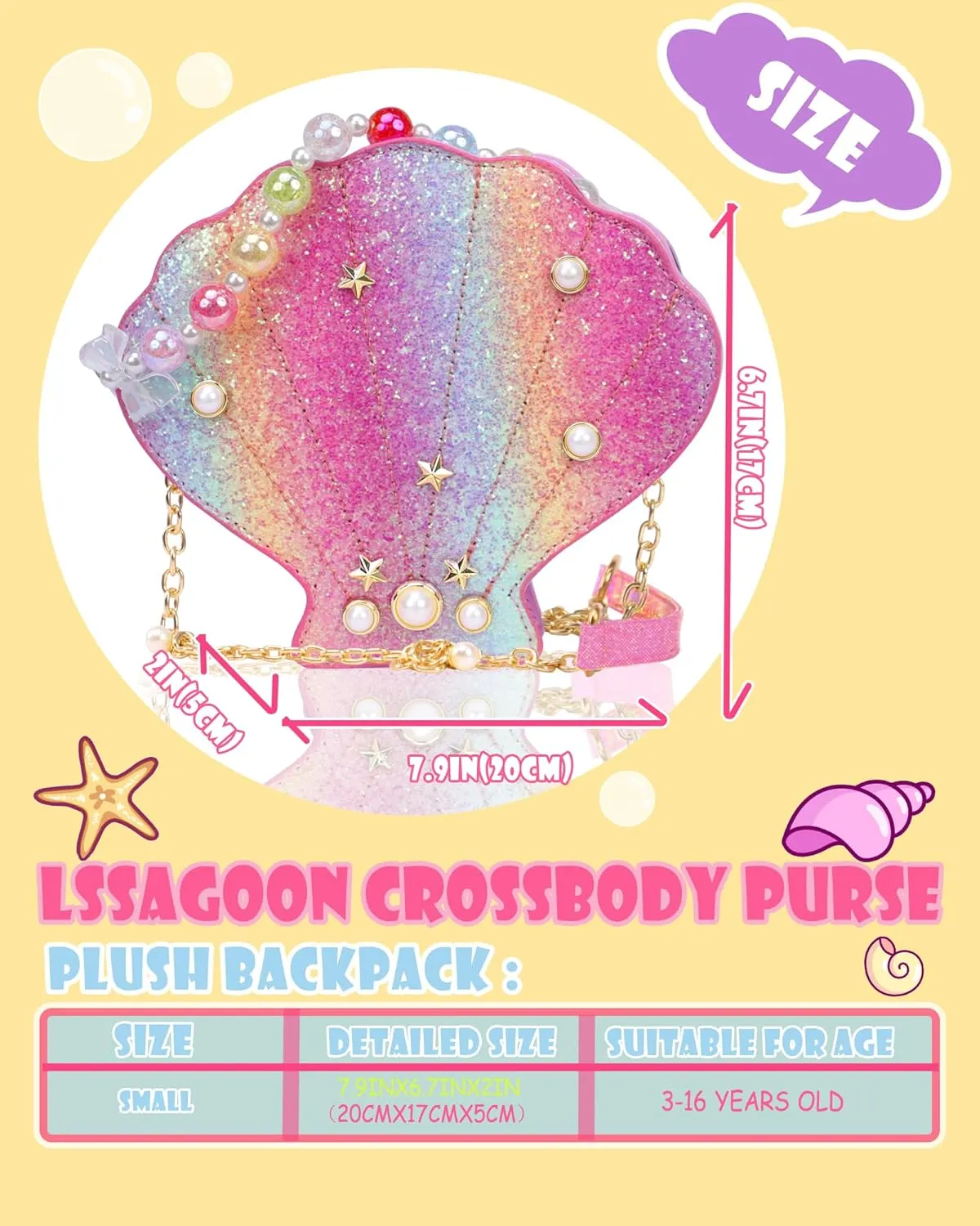 Shells Little Girl Crossbody Purse for Toddler,Shoulder Handbag,Pearl Princess Clutch Bag,Gifts for Birthday Xmas.