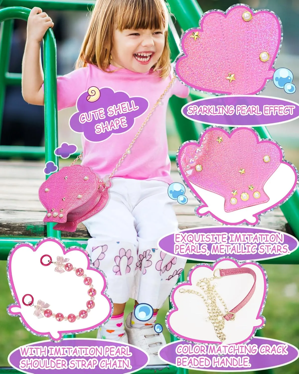 Shells Little Girl Crossbody Purse for Toddler,Shoulder Handbag,Pearl Princess Clutch Bag,Gifts for Birthday Xmas.