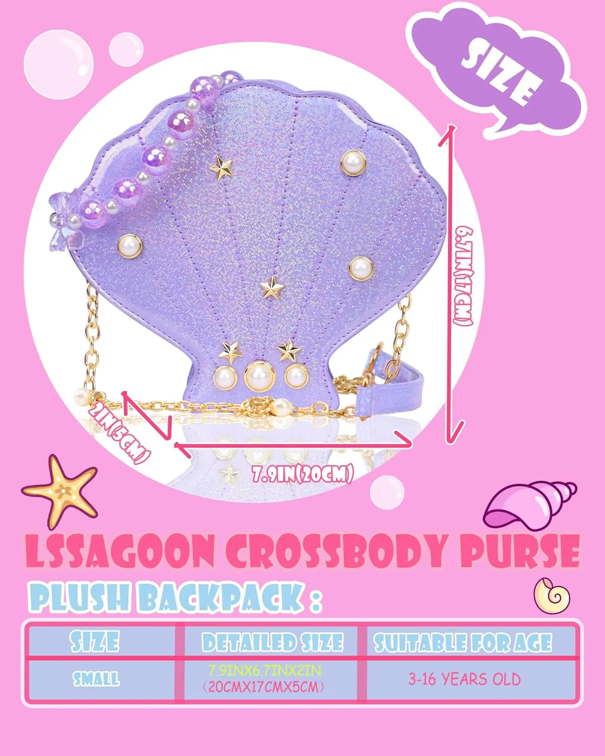 Shells Little Girl Crossbody Purse for Toddler,Shoulder Handbag,Pearl Princess Clutch Bag,Gifts for Birthday Xmas.