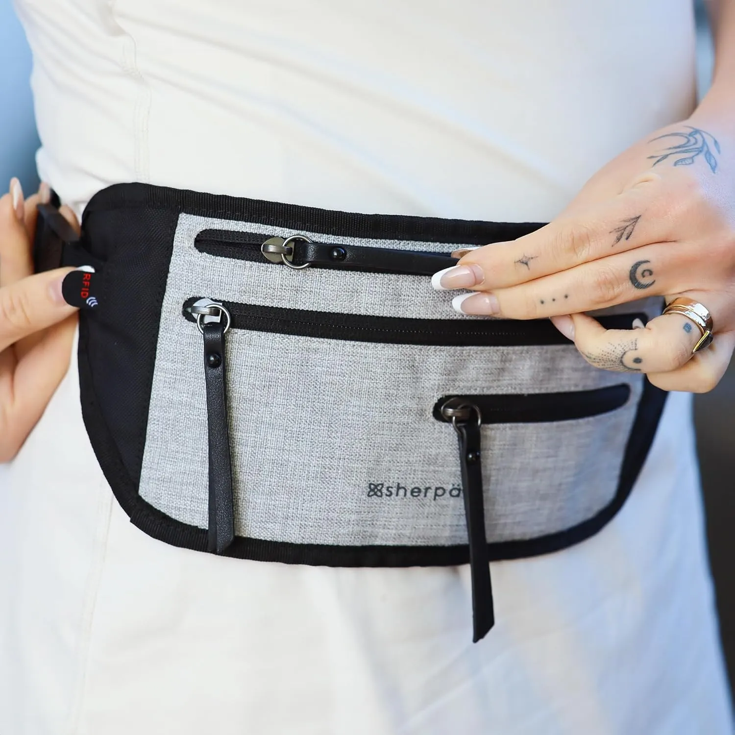 Sherpani Jett, Anti Theft Waist Pouch, Slim Money Belt Bag for Travel, Blocking Hidden Wallet Belt Bag, Secure Travel Pouch for Women, RFID Protection, Travel Gift for Mothers Day 2025 (Sterling)