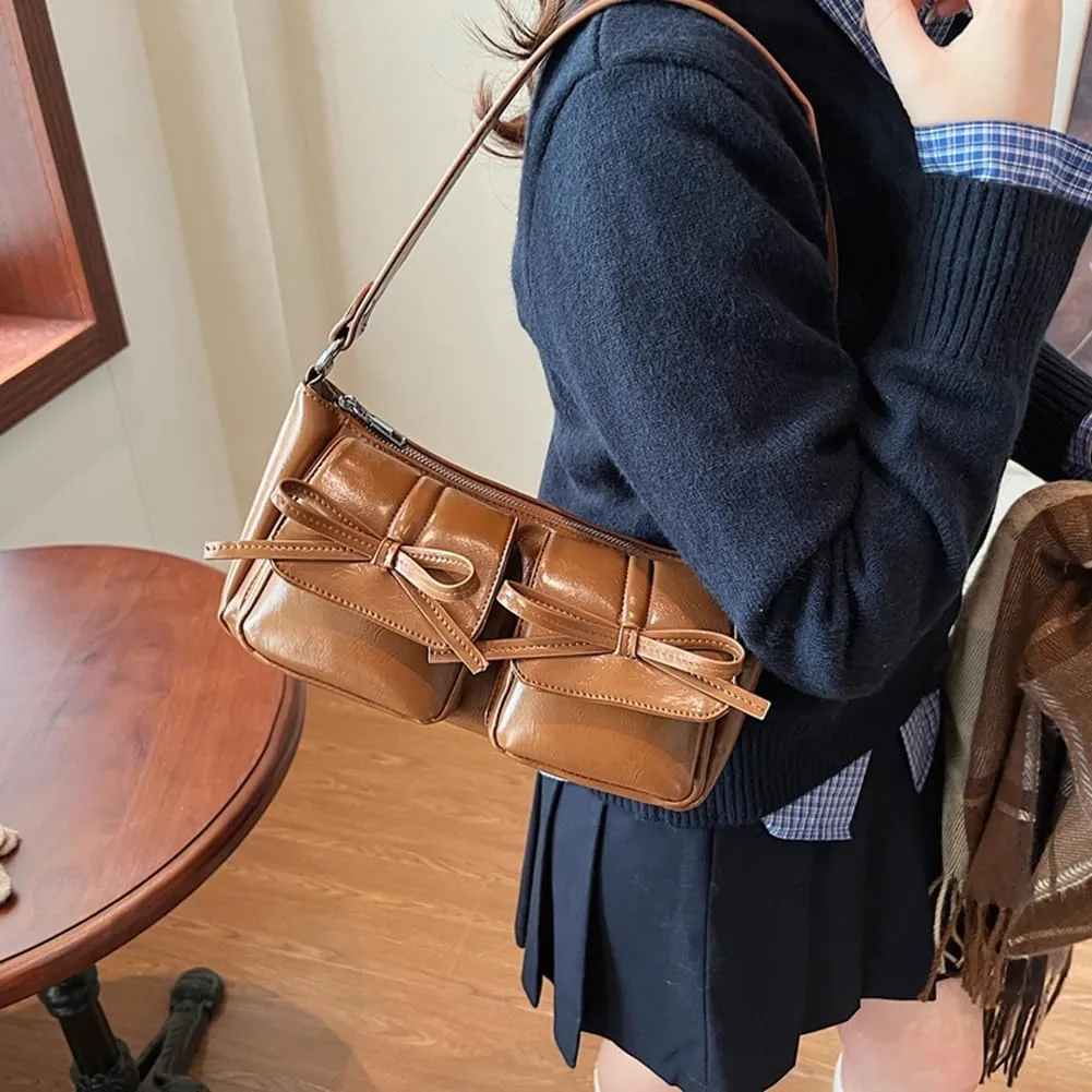 Shoulder Bag for Women Coquette Bow Purse Y2k Hobo Handbag Faux Leather Red Purse Burgundy Crossbody Bag with Zipper