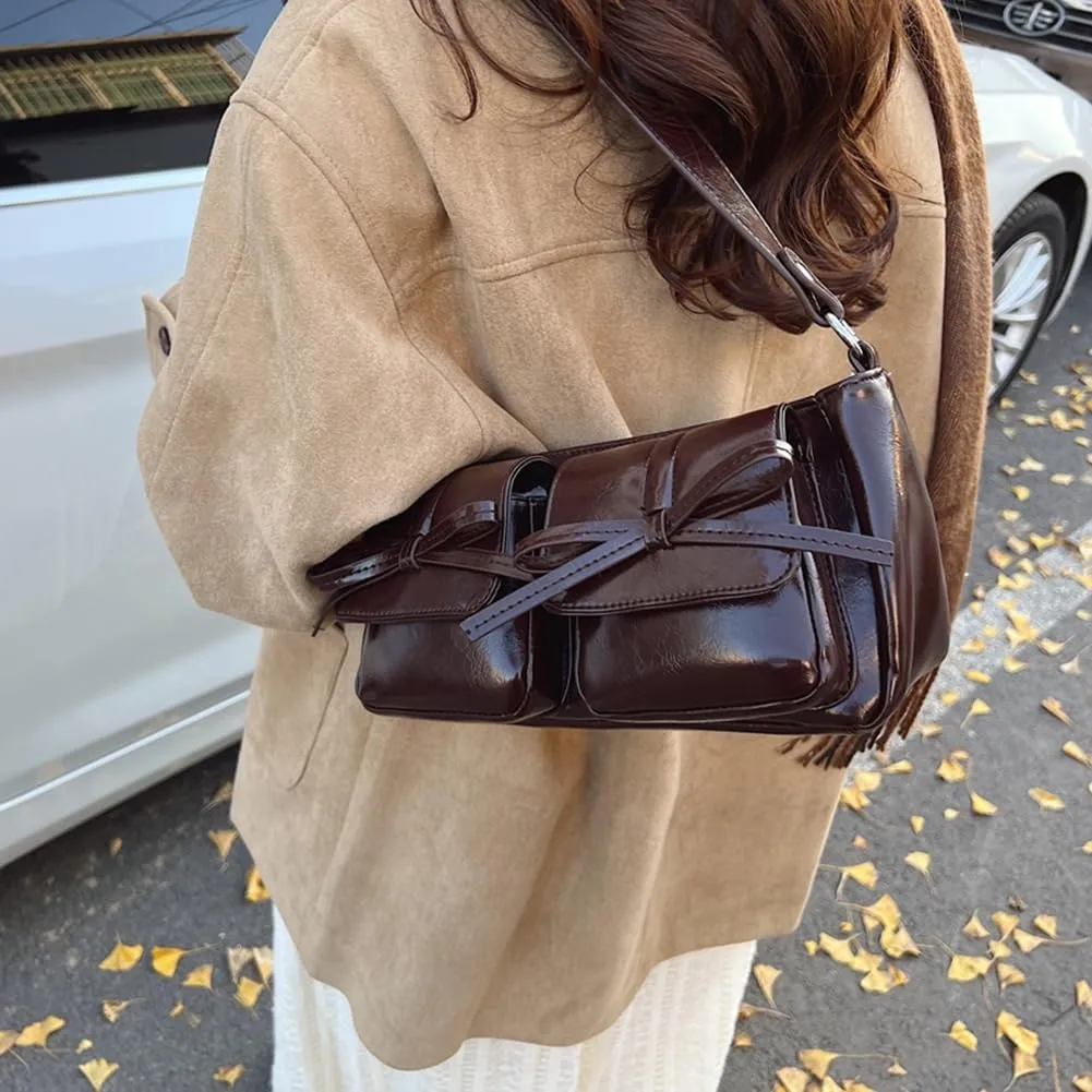 Shoulder Bag for Women Coquette Bow Purse Y2k Hobo Handbag Faux Leather Red Purse Burgundy Crossbody Bag with Zipper