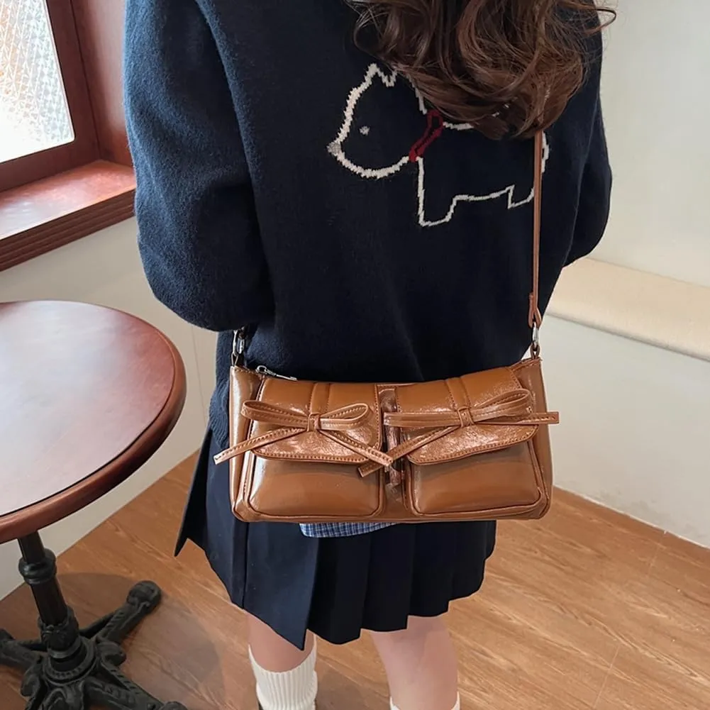 Shoulder Bag for Women Coquette Bow Purse Y2k Hobo Handbag Faux Leather Red Purse Burgundy Crossbody Bag with Zipper