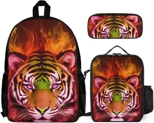 Shoulder Book Bags Sets, Rucksacks   Lunch Bag   Pencil Case for Sports Outdoors Cycling, Cool Tiger Head Fire Surreal Style Art Camping Outdoor Backpack for Men Women