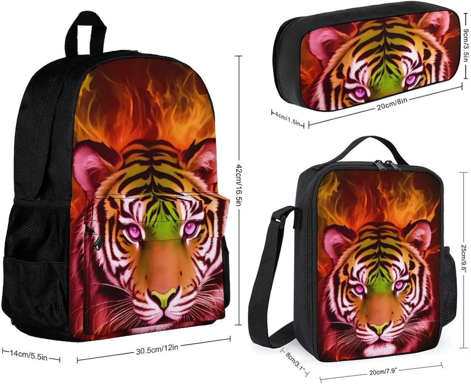 Shoulder Book Bags Sets, Rucksacks   Lunch Bag   Pencil Case for Sports Outdoors Cycling, Cool Tiger Head Fire Surreal Style Art Camping Outdoor Backpack for Men Women