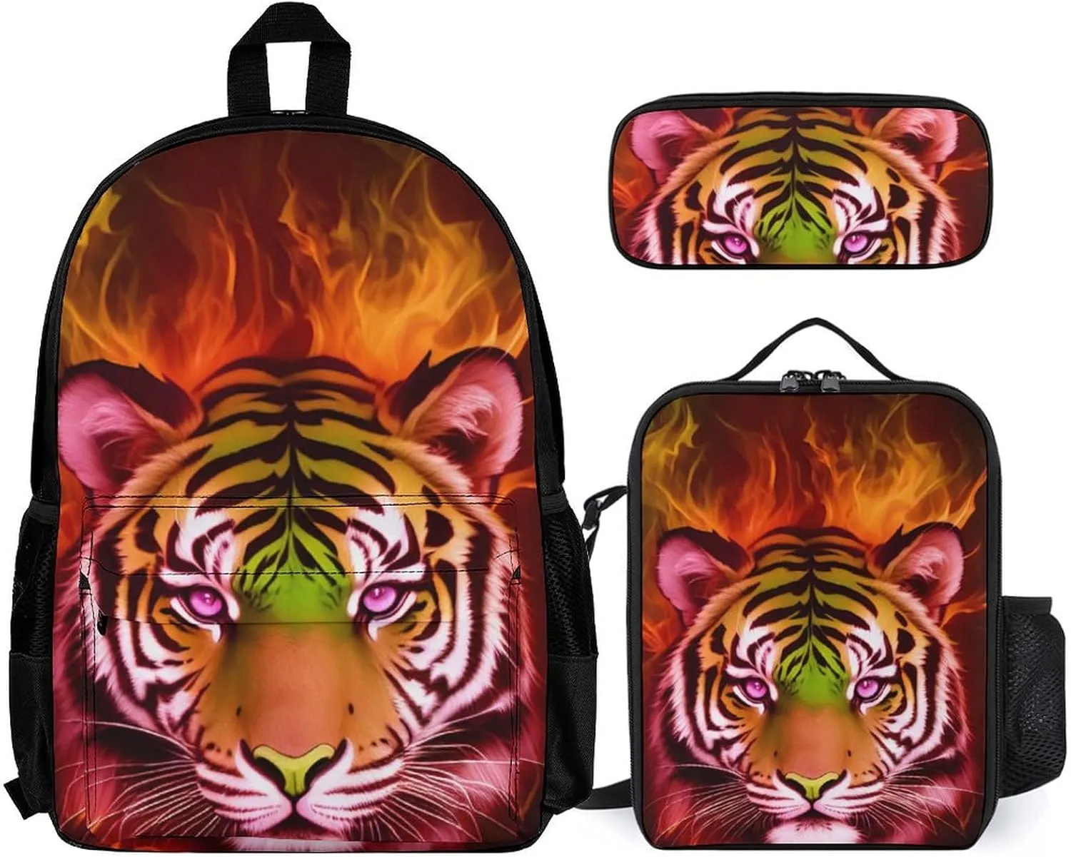 Shoulder Book Bags Sets, Rucksacks   Lunch Bag   Pencil Case for Sports Outdoors Cycling, Cool Tiger Head Fire Surreal Style Art Camping Outdoor Backpack for Men Women