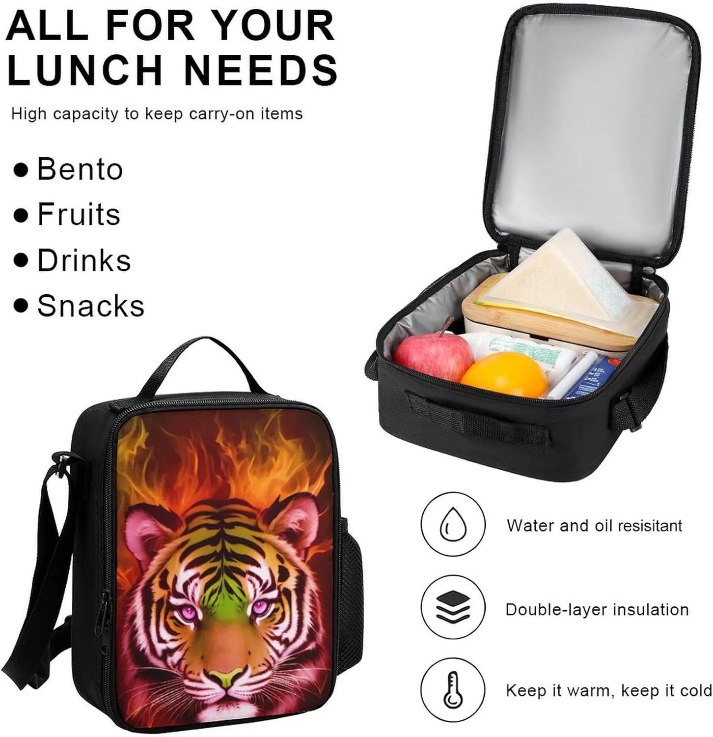 Shoulder Book Bags Sets, Rucksacks   Lunch Bag   Pencil Case for Sports Outdoors Cycling, Cool Tiger Head Fire Surreal Style Art Camping Outdoor Backpack for Men Women