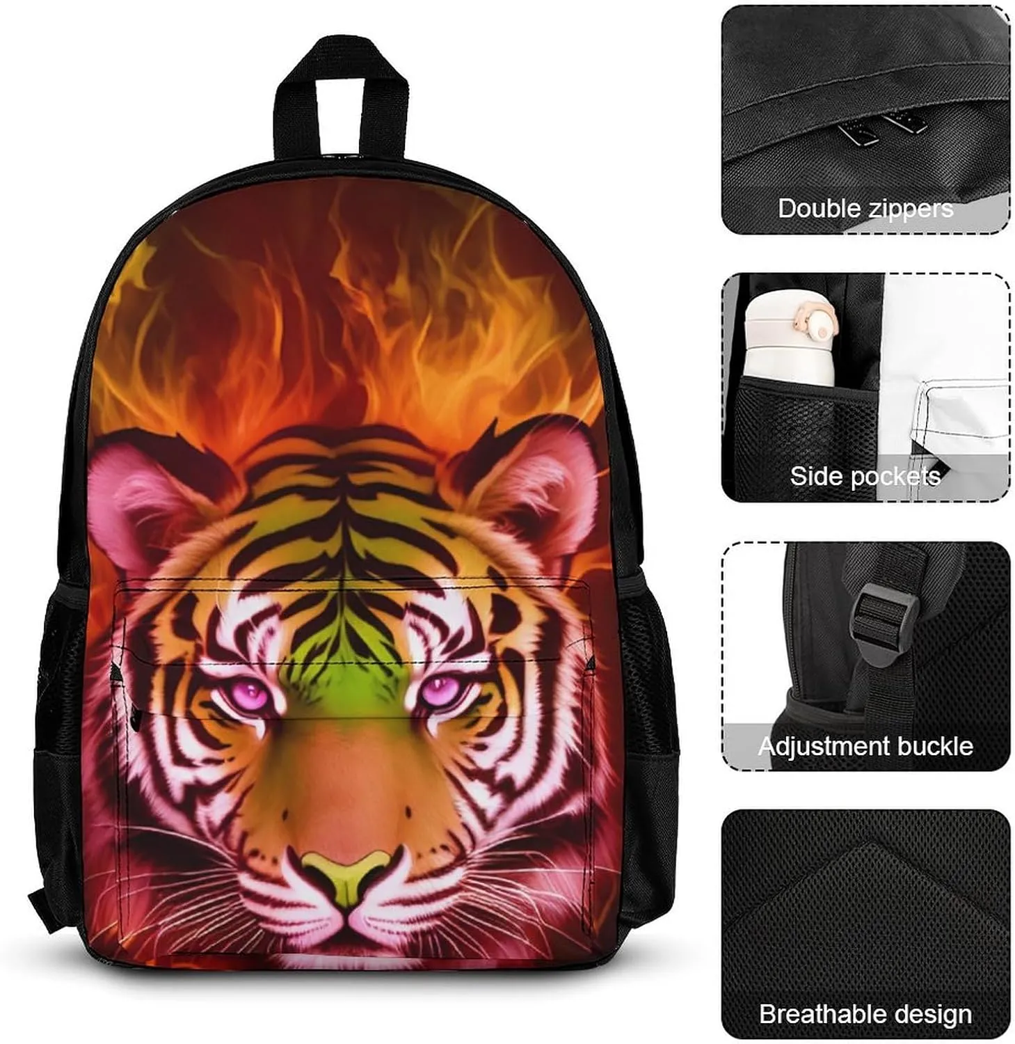 Shoulder Book Bags Sets, Rucksacks   Lunch Bag   Pencil Case for Sports Outdoors Cycling, Cool Tiger Head Fire Surreal Style Art Camping Outdoor Backpack for Men Women