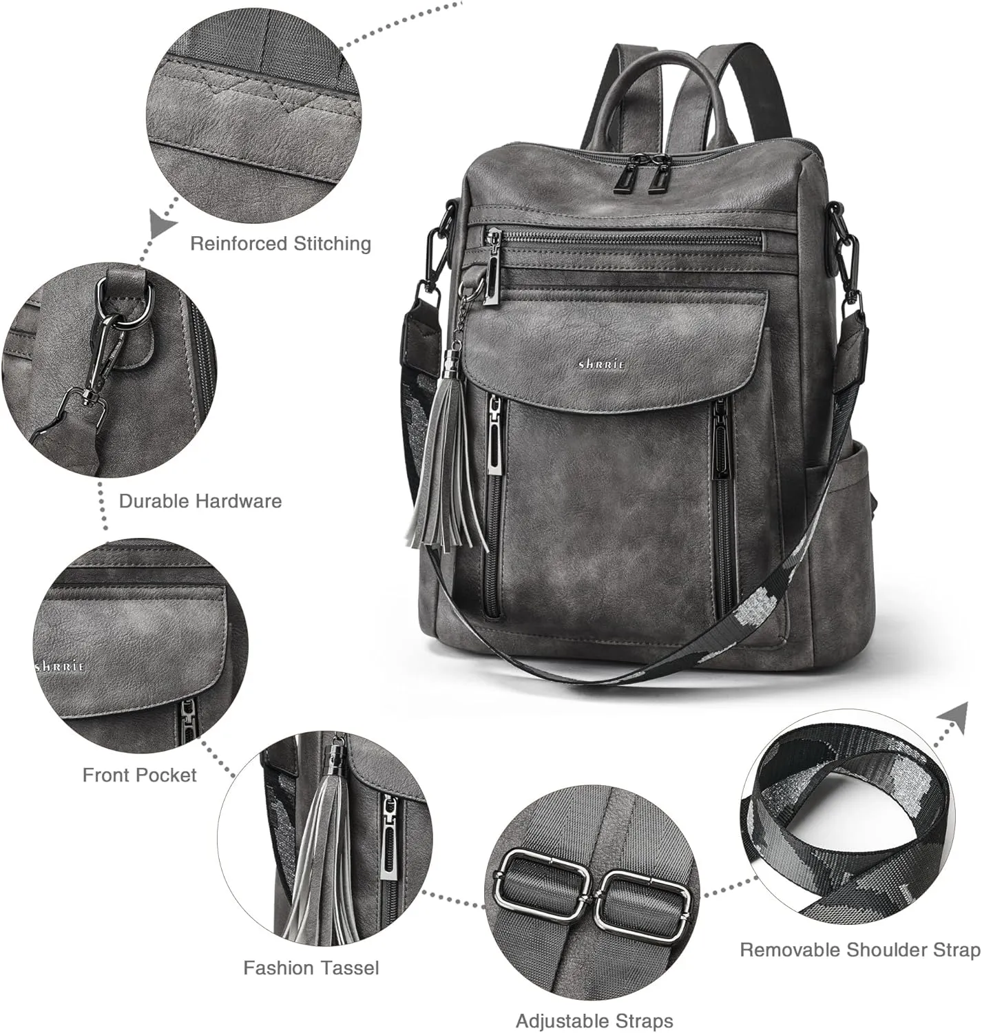 Shrrie Backpack Purse for Women Fashion Leather Backpack Purse Designer Travel Backpack Convertible Shoulder Bag with Wristlet