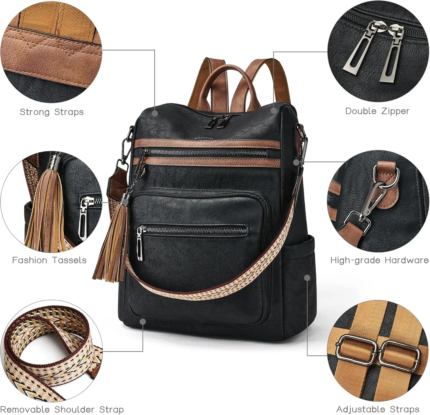 Shrrie Backpack Purse for Women Leather Backpack Fashion Designer Travel Backpack Convertible Shoulder Bag