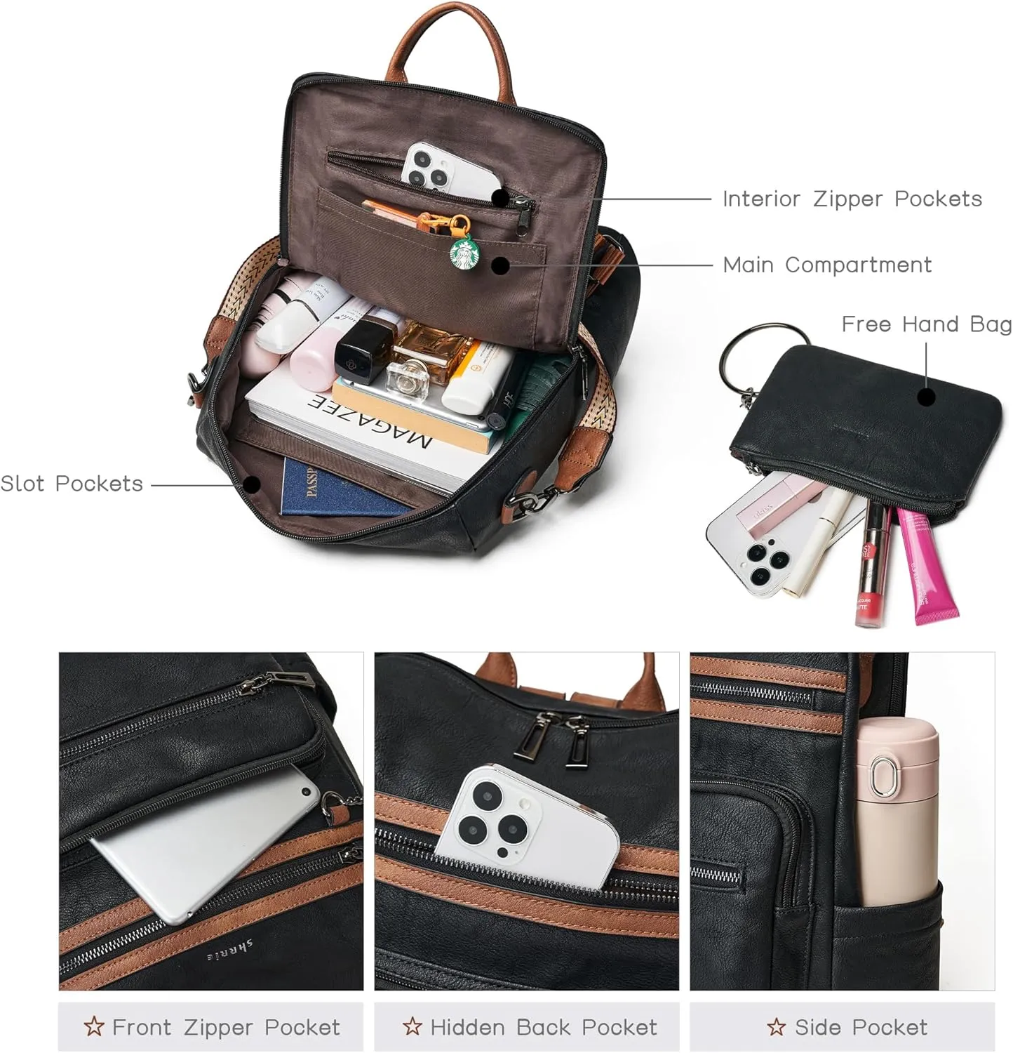 Shrrie Backpack Purse for Women Leather Backpack Fashion Designer Travel Backpack Convertible Shoulder Bag