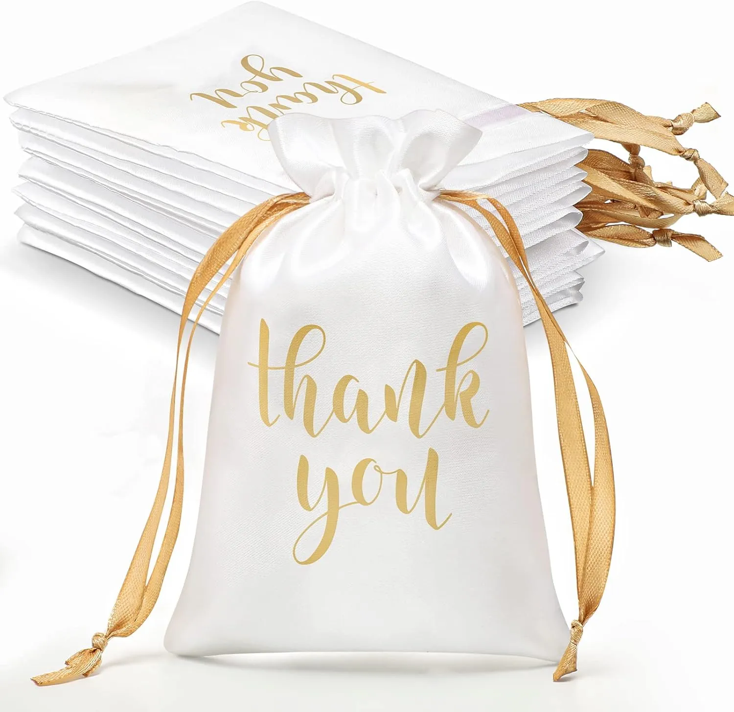 Sieral 50 Pcs Thank You Satin Gift Bags with Drawstring Jewelry Candy Gifts Bags for Wedding Bridal Shower Gift Wrap Bags for Birthday Party Anniversary Favor(4 x 6 Inch,White, Gold)