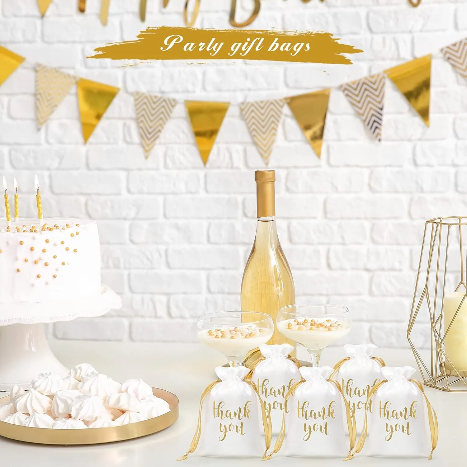 Sieral 50 Pcs Thank You Satin Gift Bags with Drawstring Jewelry Candy Gifts Bags for Wedding Bridal Shower Gift Wrap Bags for Birthday Party Anniversary Favor(4 x 6 Inch,White, Gold)
