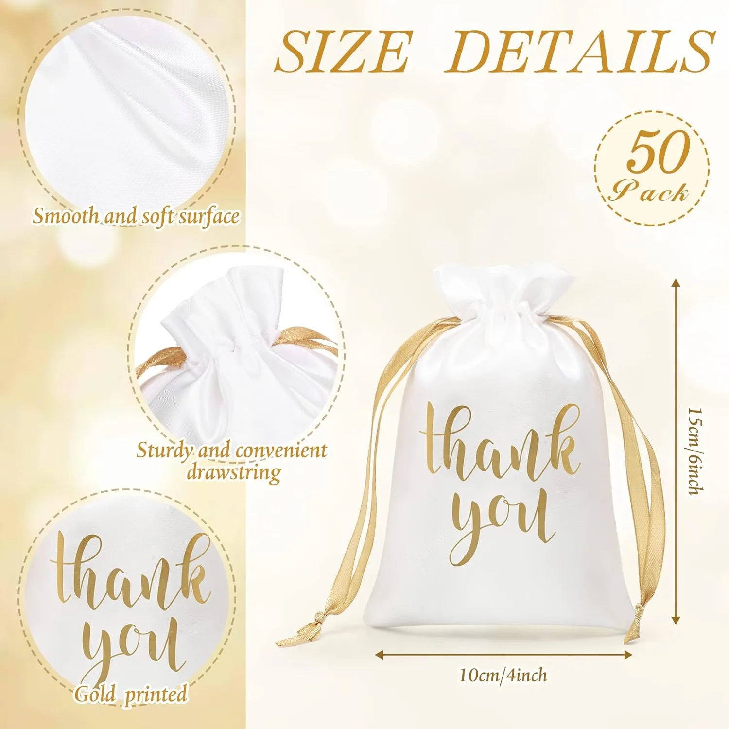 Sieral 50 Pcs Thank You Satin Gift Bags with Drawstring Jewelry Candy Gifts Bags for Wedding Bridal Shower Gift Wrap Bags for Birthday Party Anniversary Favor(4 x 6 Inch,White, Gold)