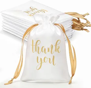 Sieral 50 Pcs Thank You Satin Gift Bags with Drawstring Jewelry Candy Gifts Bags for Wedding Bridal Shower Gift Wrap Bags for Birthday Party Anniversary Favor(4 x 6 Inch,White, Gold)