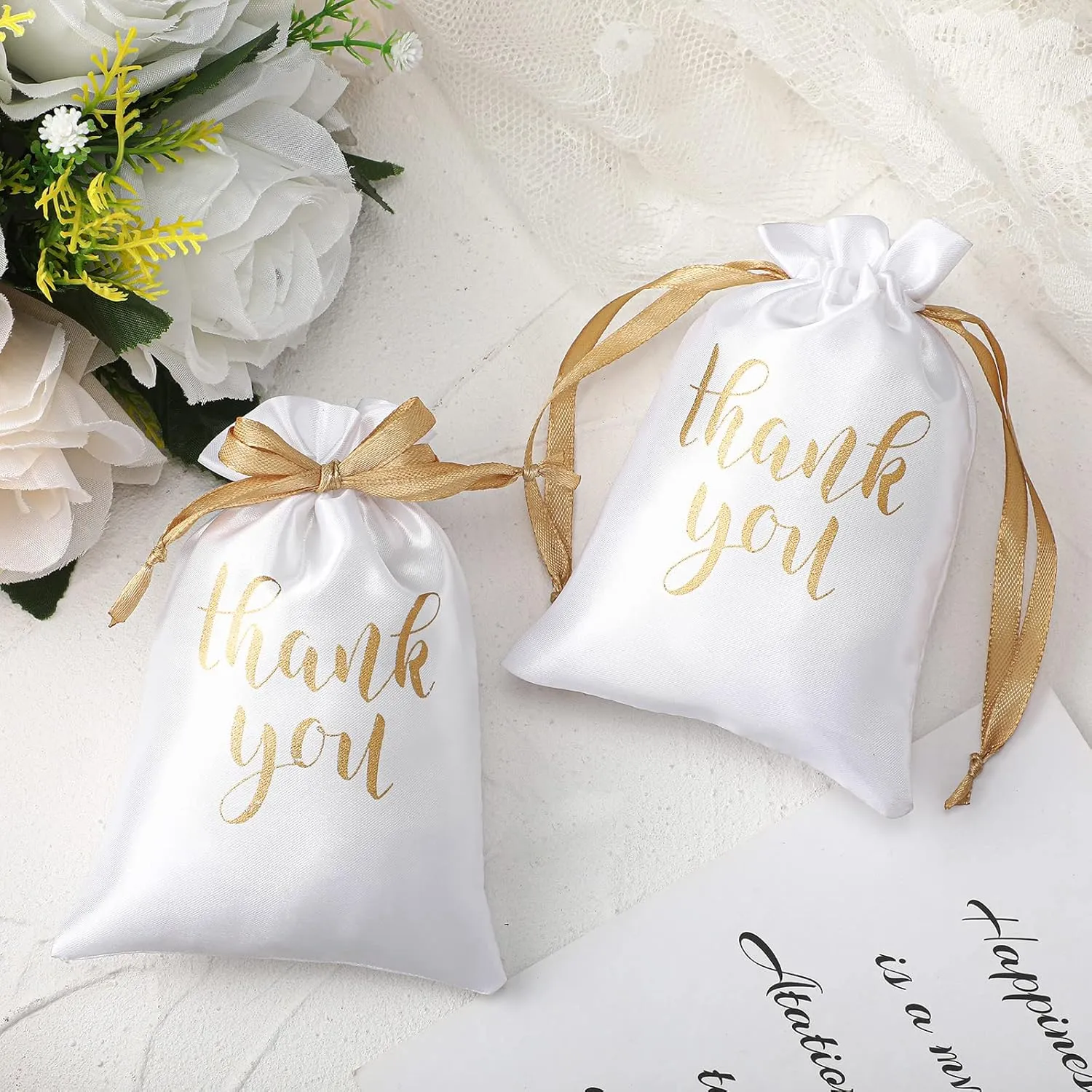 Sieral 50 Pcs Thank You Satin Gift Bags with Drawstring Jewelry Candy Gifts Bags for Wedding Bridal Shower Gift Wrap Bags for Birthday Party Anniversary Favor(4 x 6 Inch,White, Gold)