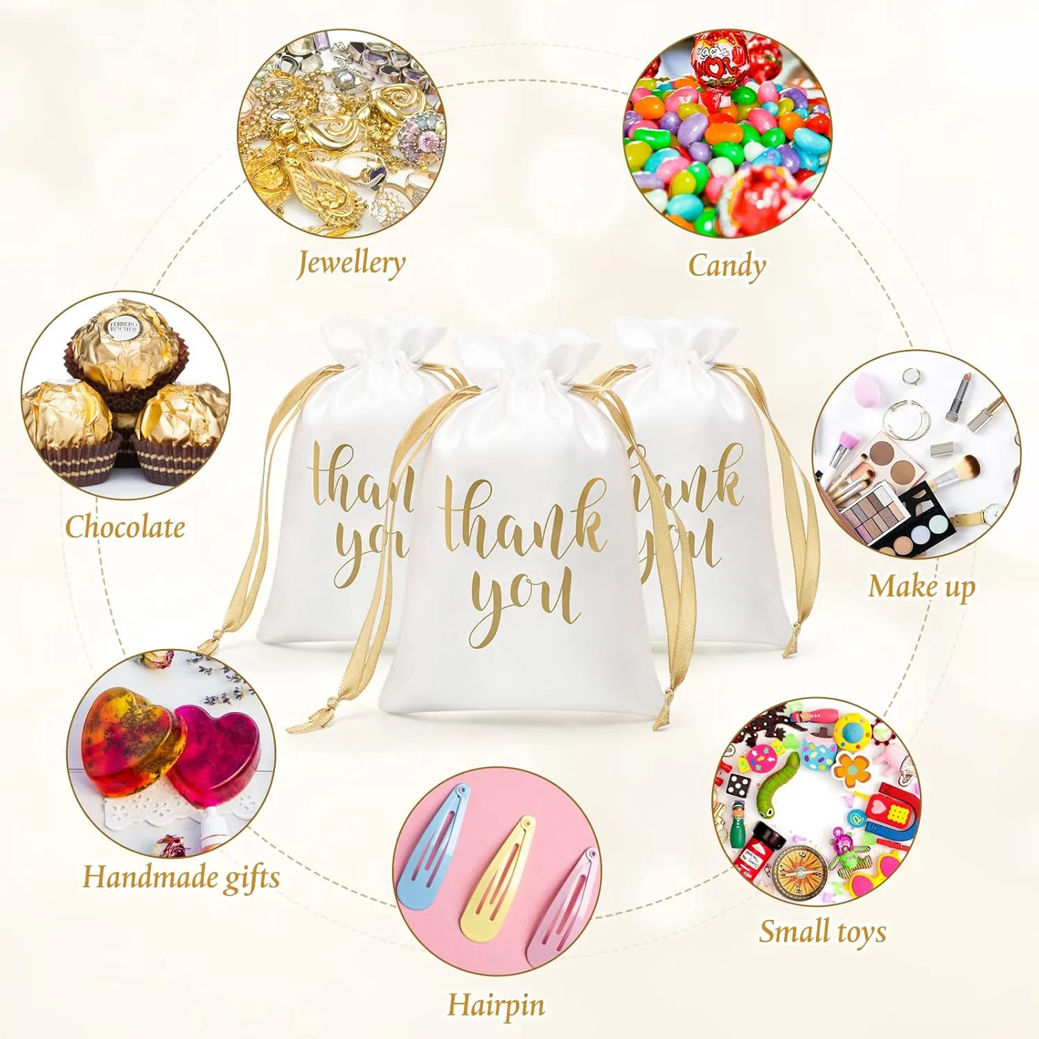 Sieral 50 Pcs Thank You Satin Gift Bags with Drawstring Jewelry Candy Gifts Bags for Wedding Bridal Shower Gift Wrap Bags for Birthday Party Anniversary Favor(4 x 6 Inch,White, Gold)