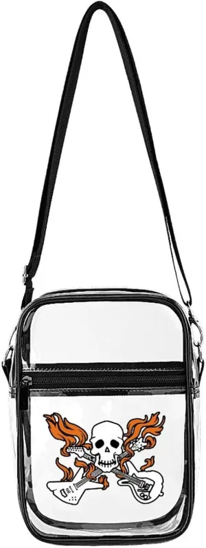 Skull with Crossed Flaming Guitars Clear Purse Stadium Crossbody Bags with Adjustable and Removable Strap Shoulder Handbags