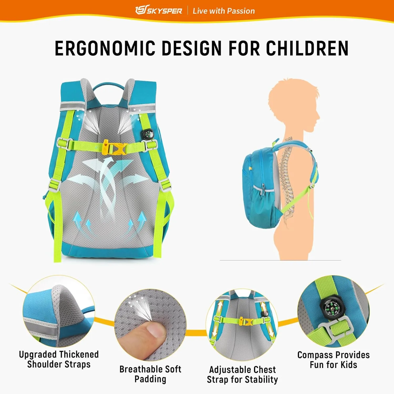 SKYSPER Preschool Kids Backpack 10L Toddler Travel Backpack for Kids Boys Girls(Cyan)
