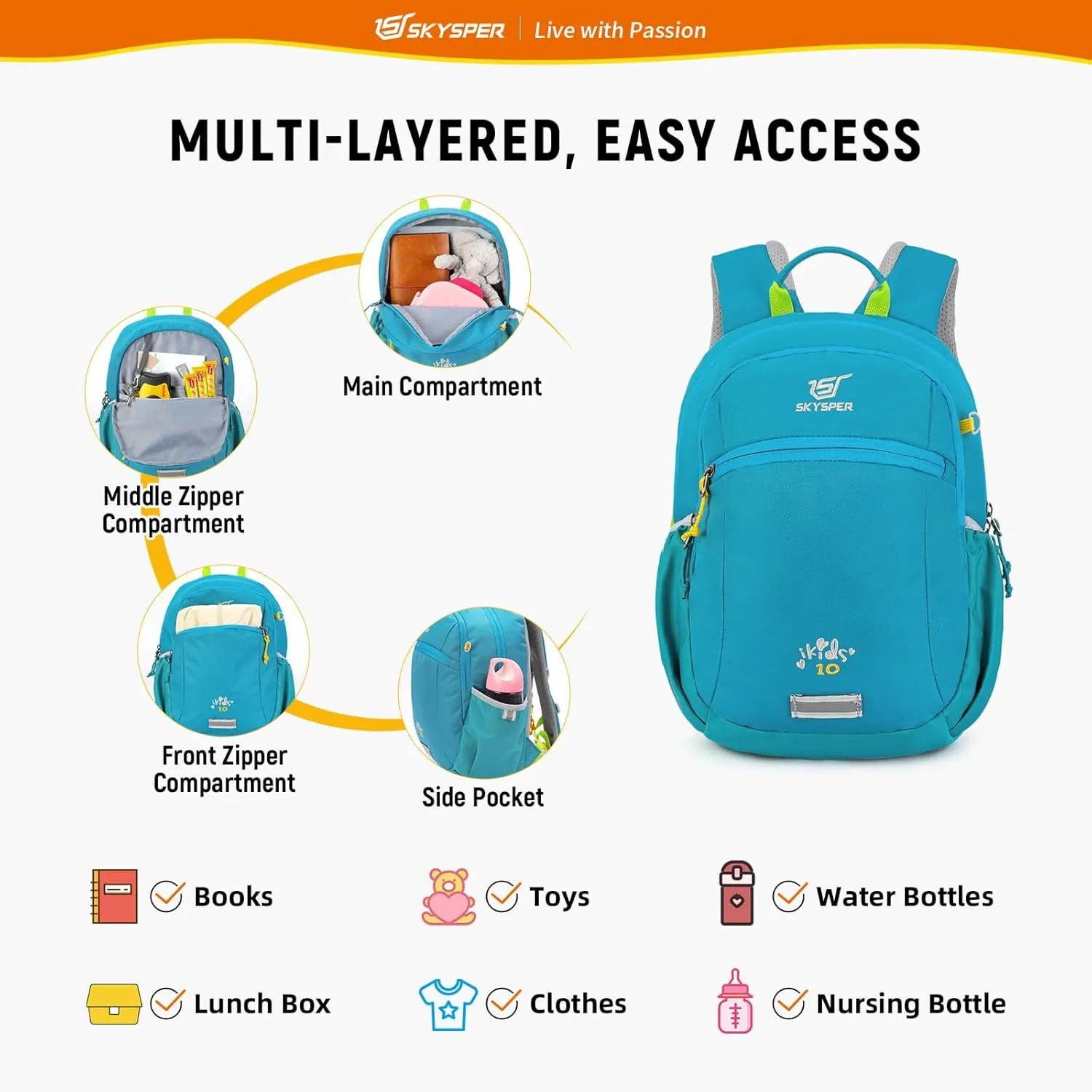 SKYSPER Preschool Kids Backpack 10L Toddler Travel Backpack for Kids Boys Girls(Cyan)