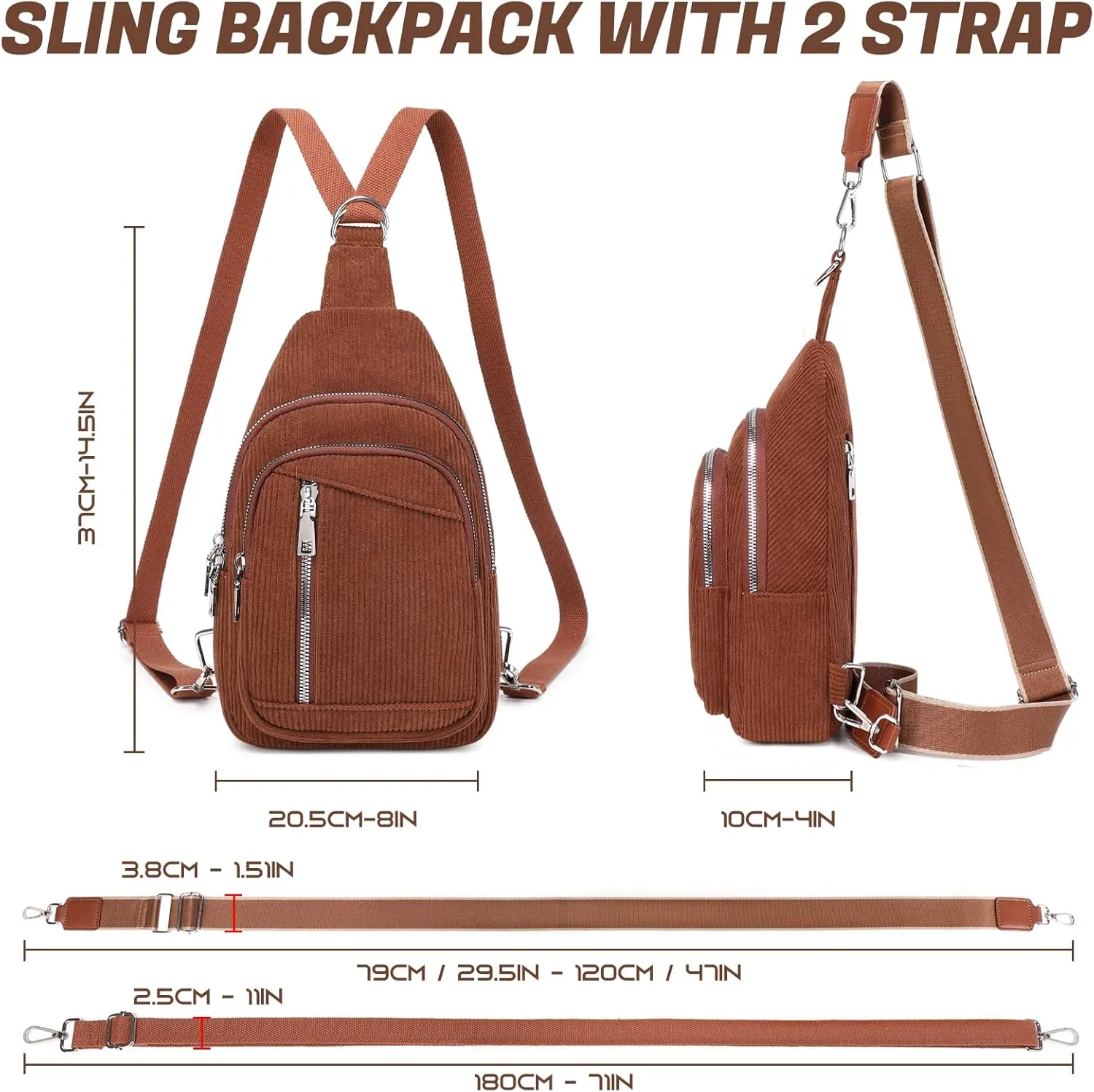Sling Bag Crossbody Backpack - 2 in 1 Leather Cross Body Bag Fanny Pack with 2 Removable Straps