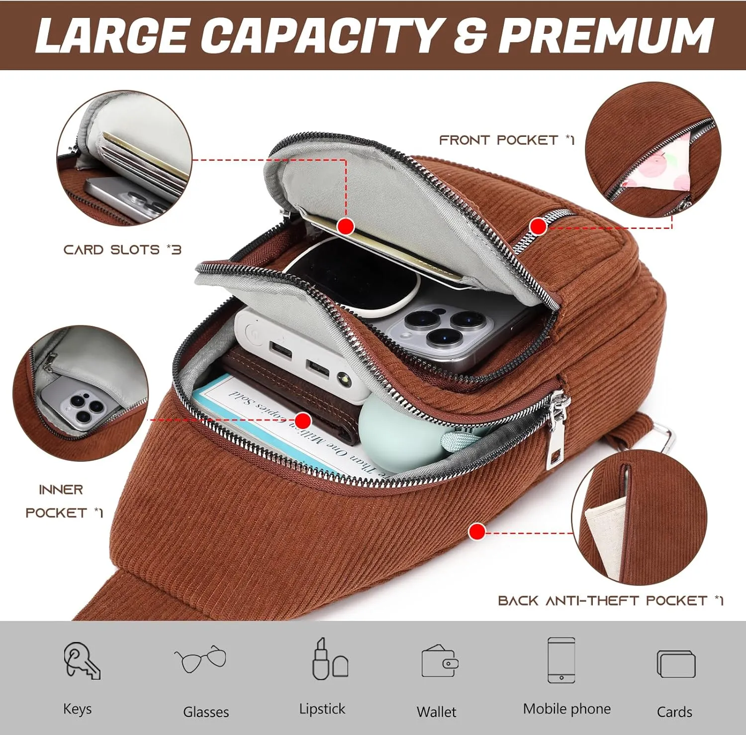 Sling Bag Crossbody Backpack - 2 in 1 Leather Cross Body Bag Fanny Pack with 2 Removable Straps