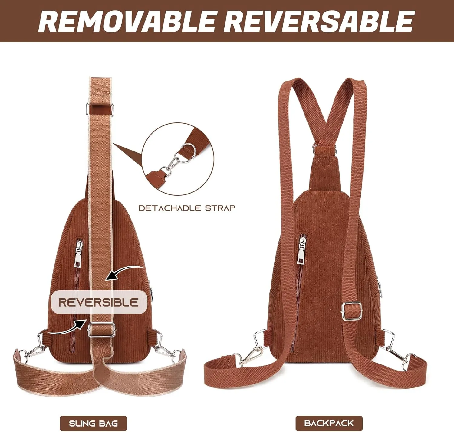 Sling Bag Crossbody Backpack - 2 in 1 Leather Cross Body Bag Fanny Pack with 2 Removable Straps