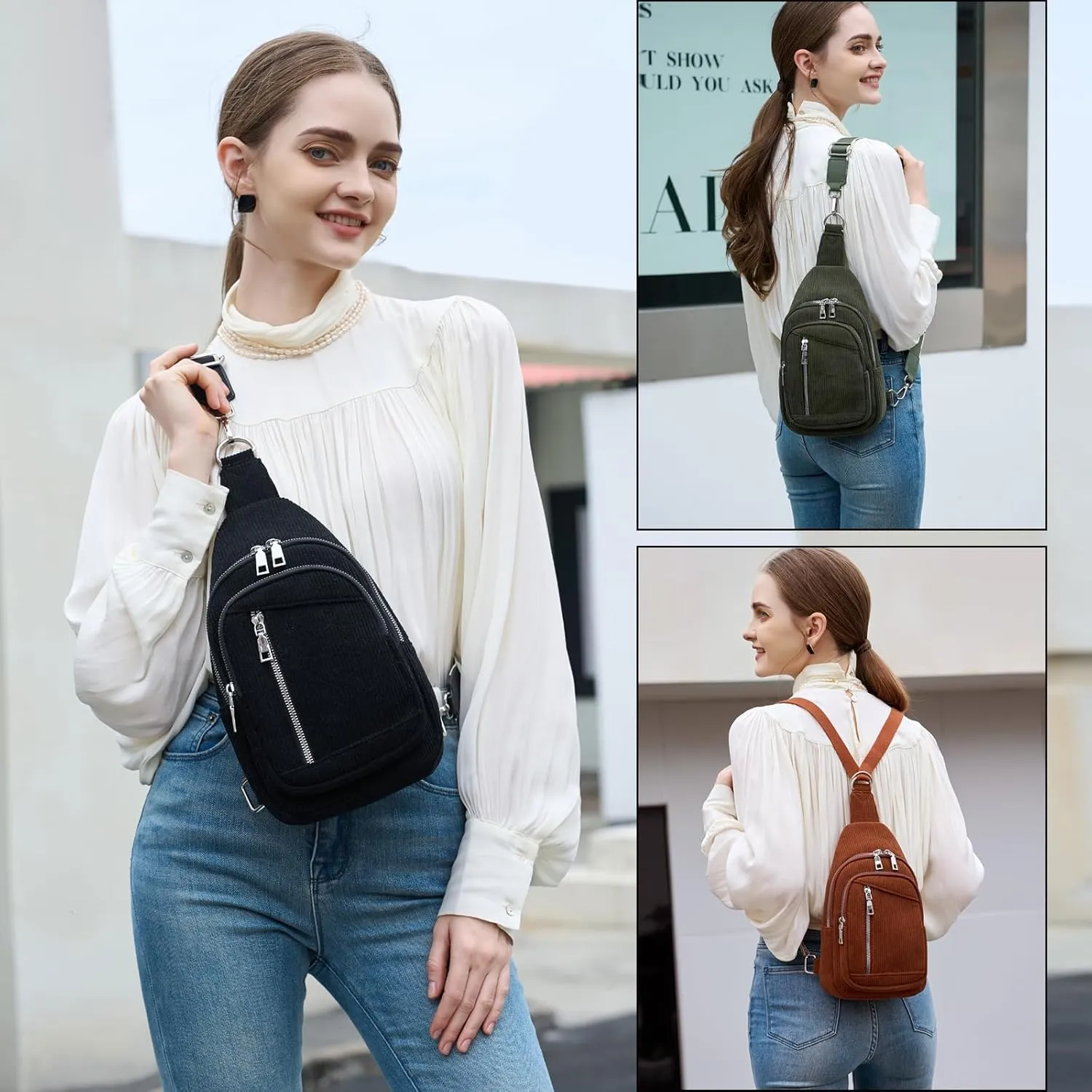 Sling Bag Crossbody Backpack - 2 in 1 Leather Cross Body Bag Fanny Pack with 2 Removable Straps